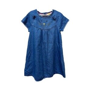 Mini Boden Blue Denim Kitty Cat Dress Girls Sz 7/8 Raw Hemline Embroidered Face